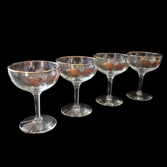 4 Libbey Gold Maple Leaf Champagne Glasses Cordial Wine Martini MAD MEN MCM - Picture 13 of 16